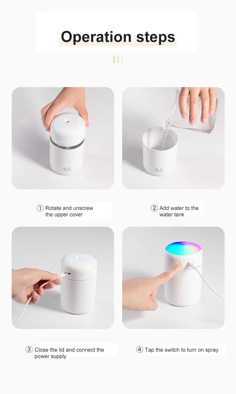 Portable Aroma Diffuser Humidifier (LED, 260–300ml)