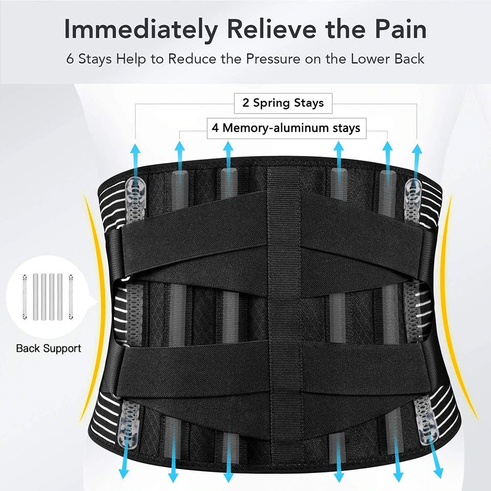 Black back support brace with labeled features on a white background