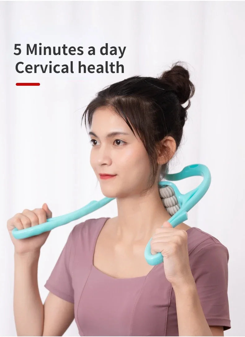 Woman using a neck stretcher with text about cervical health on a white background
