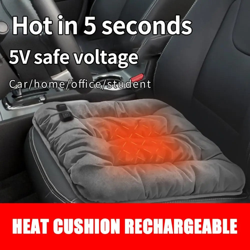 Heated car seat cushion with text highlighting quick heating time and safe voltage, placed on a car seat.