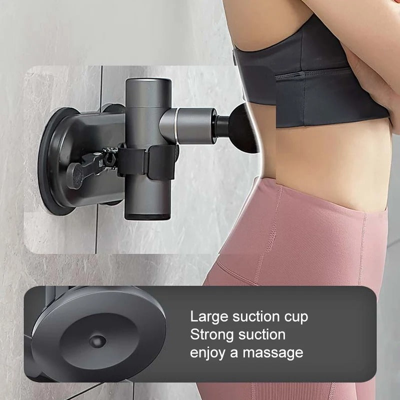 Person using a massage device with a large suction cup on a neutral background