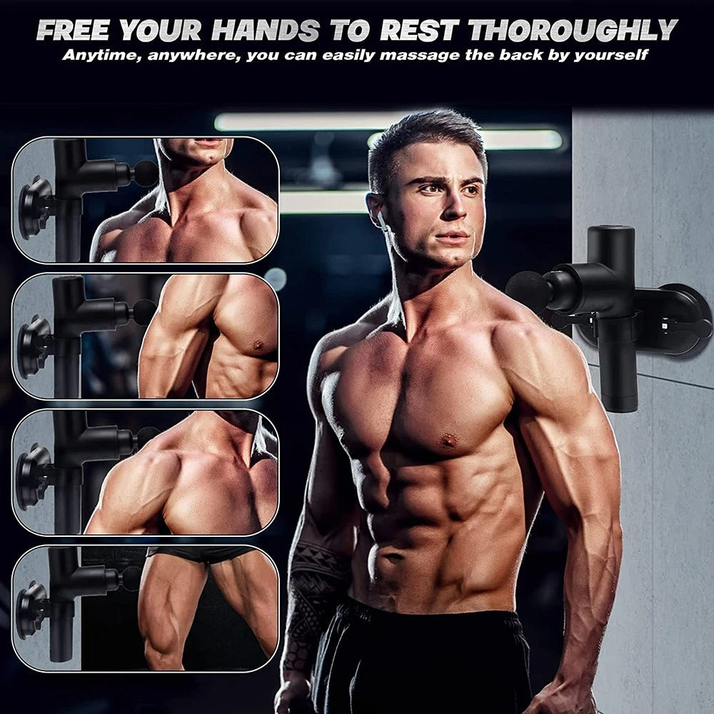 Muscular man with a massage device attached to a door, promoting self-massage.