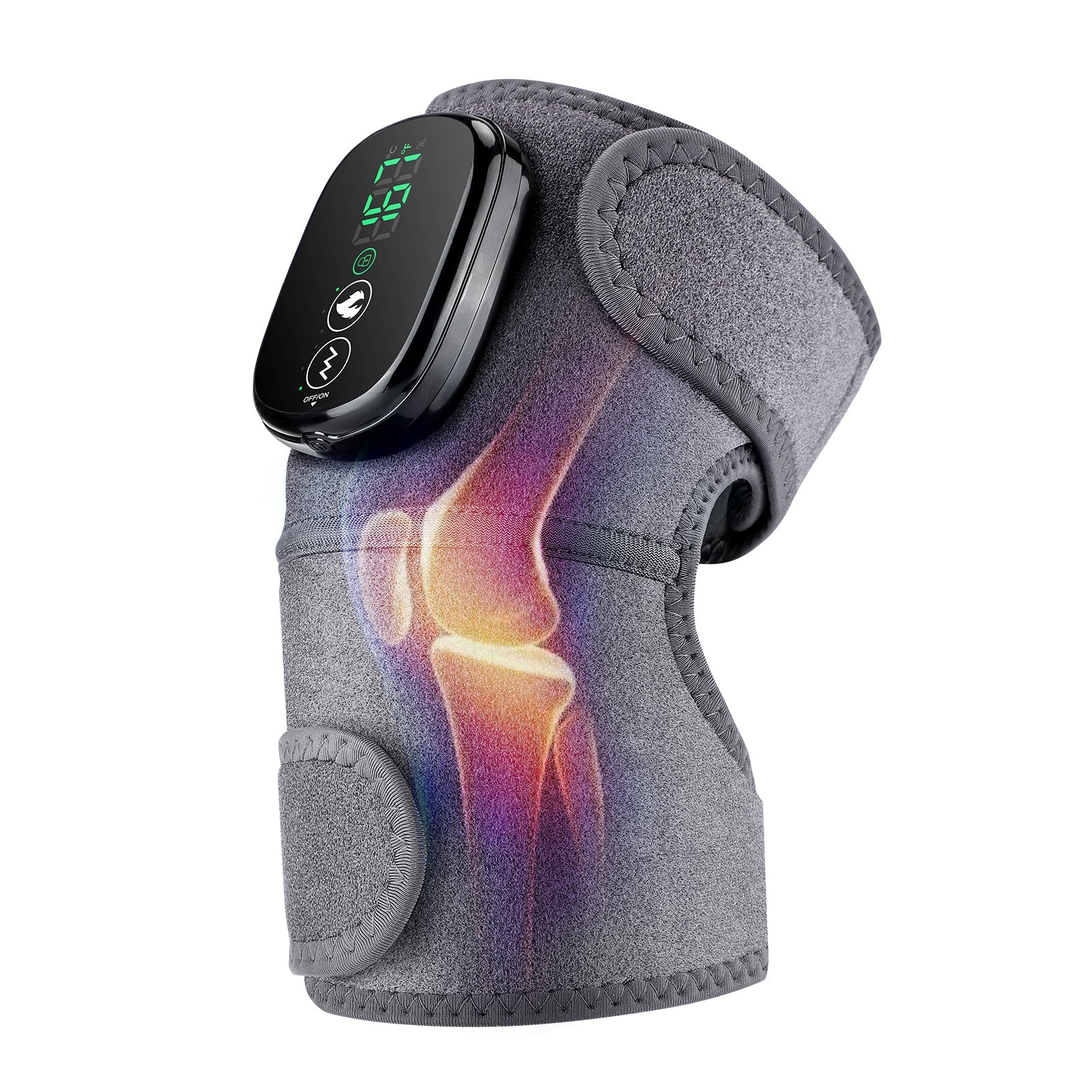 Gray knee brace with digital display on a white background