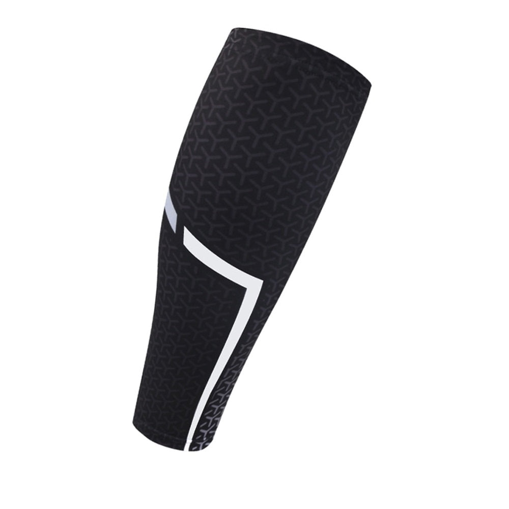 Relisora AMS calf compression sleeves, hero angle, showing seamless polyester–spandex knit with anti-slip silicone strip and graduated design for training and recovery support.