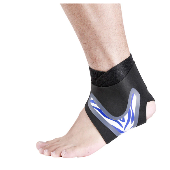 Ankle support brace on a person's foot with a white background