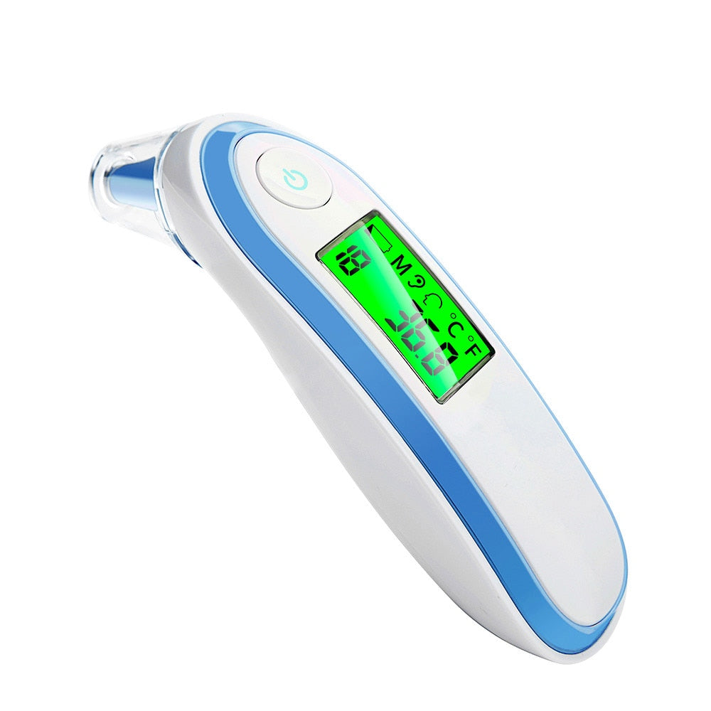 Digital forehead thermometer, hero angle, showing non-contact infrared sensor and clear numeric display designed for quick readings in seconds.