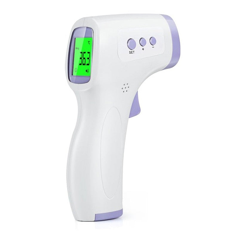Non-contact digital infrared thermometer, hero angle, showing large display and forehead-scan design with 0.5-second readings and ±0.3C accuracy.