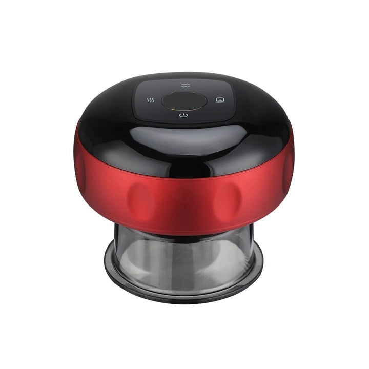 Electric vacuum cupping massager, front angle, showing handheld body with adjustable suction and integrated red light for at-home muscle care.