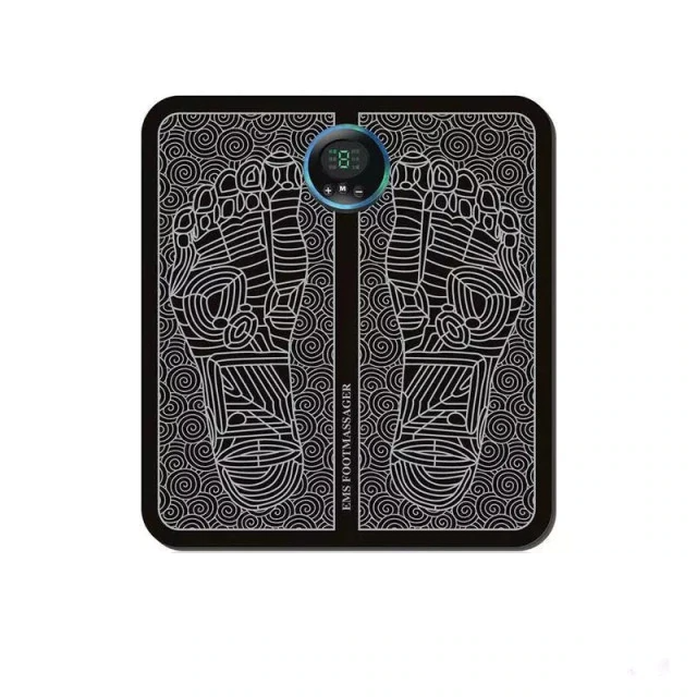 EMS foot massager pad, front view, with USB charging controller attached; foldable leather-surface pad helps support comfort for sore feet.