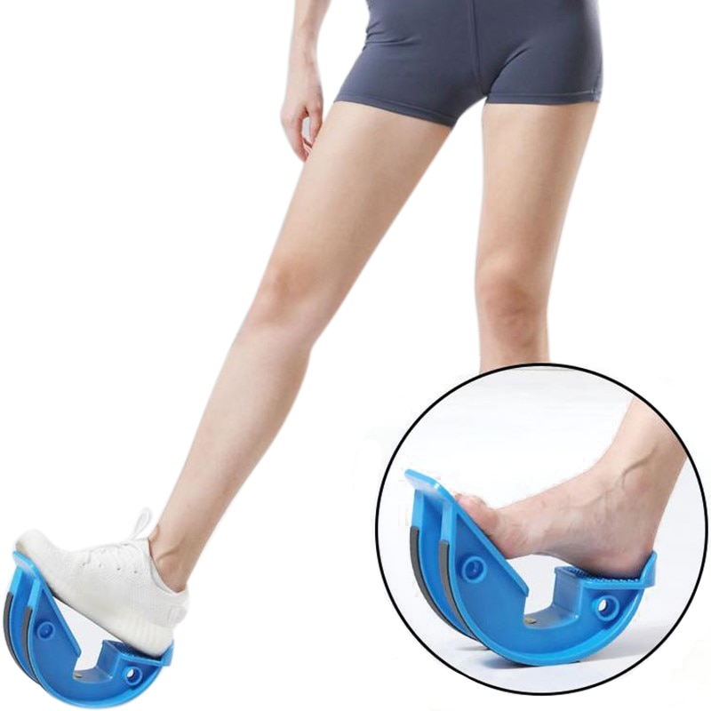 Person using a blue foot exerciser with a close-up inset on a white background