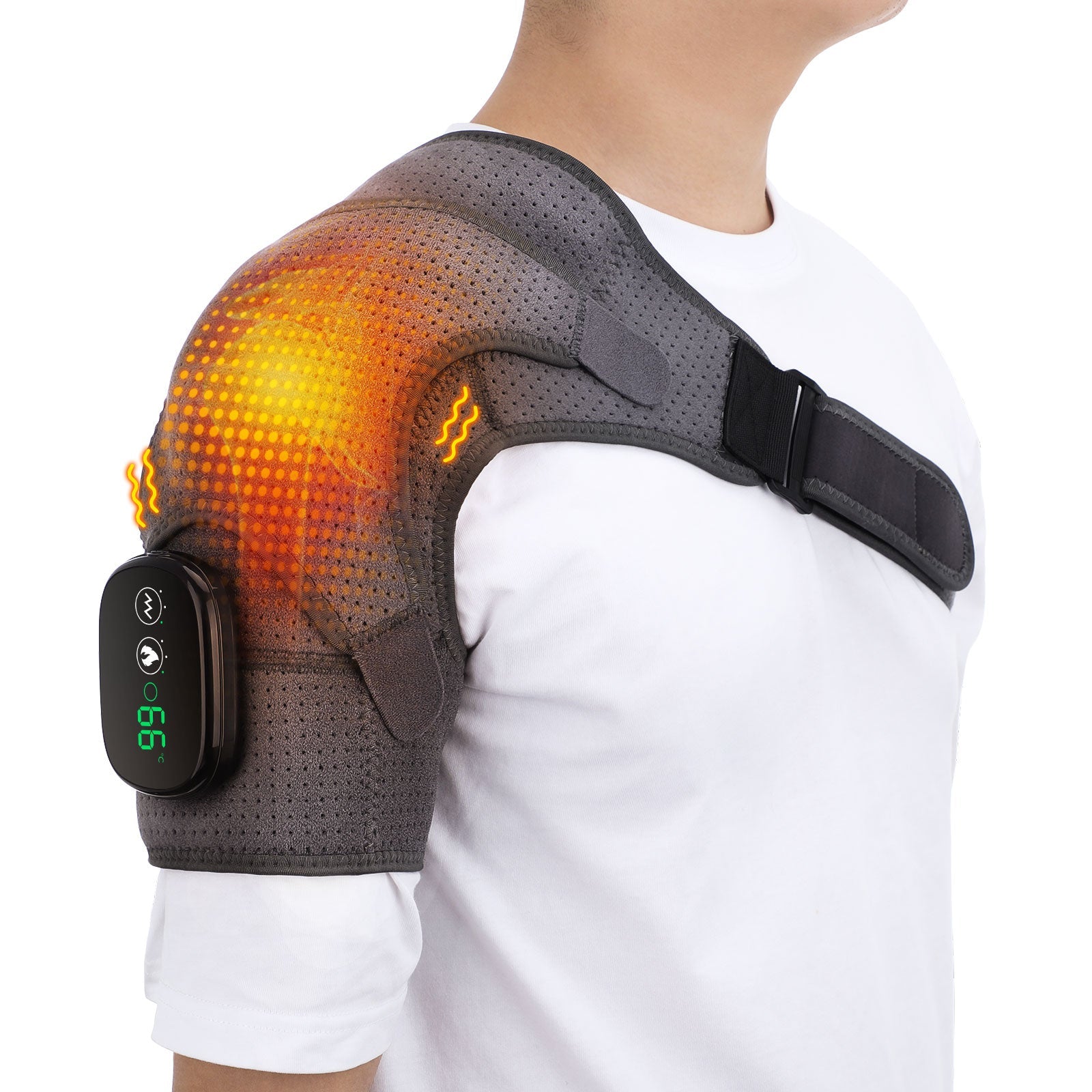 Heating shoulder brace, front angle, showing neoprene wrap with digital controller for adjustable heat, vibration modes, and left or right shoulder fit.