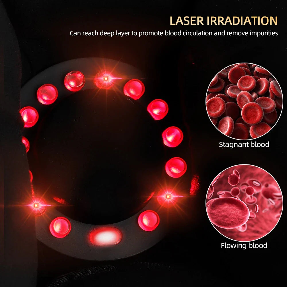 Laser irradiation device with red lights and blood cell illustrations on a dark background.