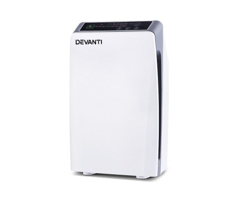 White HEPA air purifier shown front on, with H11 filter system, ioniser and digital air quality display panel visible.
