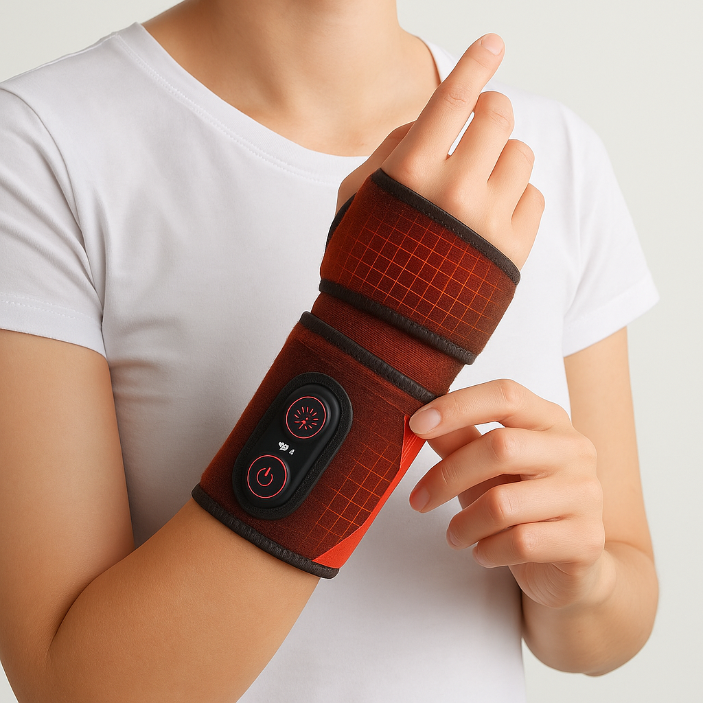 Cordless heating pad wrap front view for wrist and elbow joints, with adjustable straps and three heat and vibration levels.