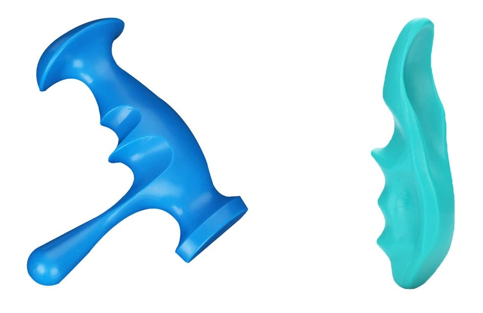 Deep tissue manual massage tool set in green and blue, front angle thumb saver design that helps support easier self massage.