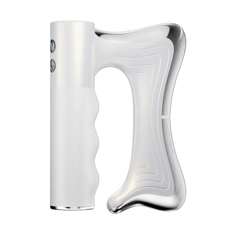 Electric fascia massager with heat and microcurrent in front hero view, ergonomic blade design for back, neck and leg use.