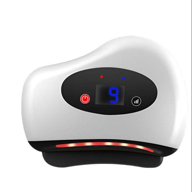 Electric gua sha massager shown from front angle with heated plate and three sculpted edges for gentle face and neck care.