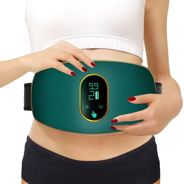 EMS heated waist massage belt in green and white, front view, cordless infrared design that helps support lower back comfort.