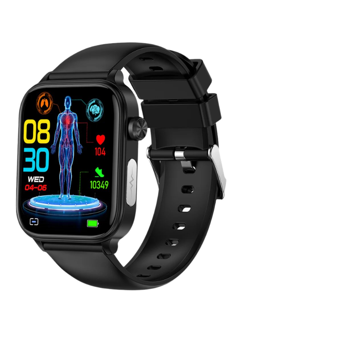 Health and fitness smart watch with 1.96 inch IPS touchscreen, front view showing heart rate and daily activity tracking.