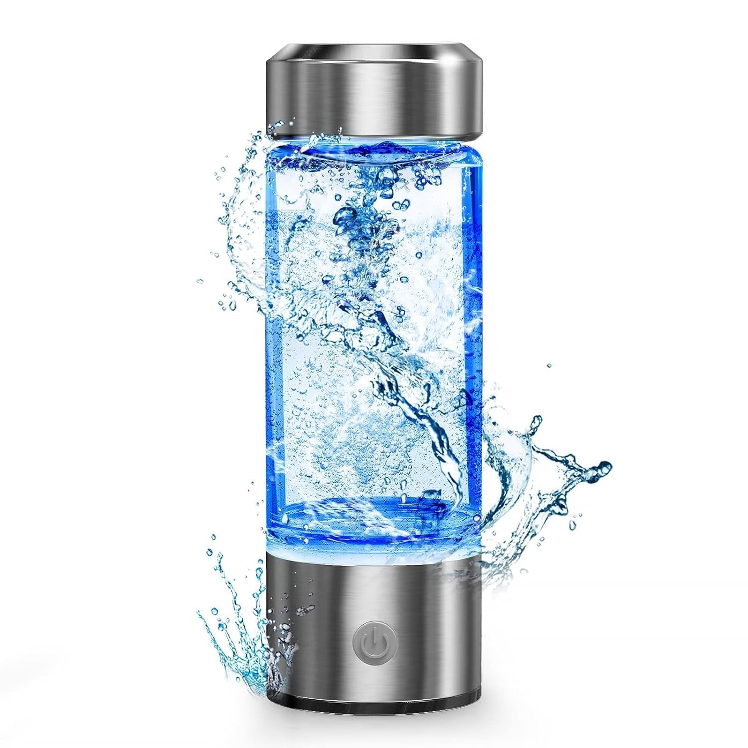 Portable electrolytic hydrogen water cup 420ml in silver, front view showing high borosilicate glass bottle and rechargeable base for daily hydration.