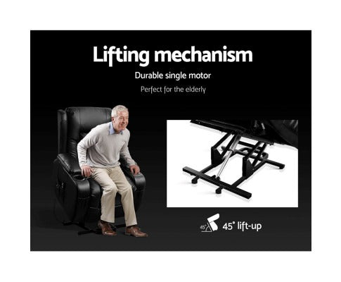 Advertisement for a lifting mechanism with a man using a chair and close-up of the mechanism.