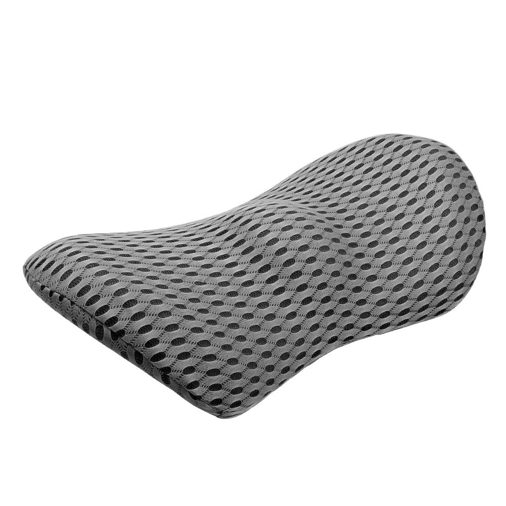 Breathable memory foam lumbar support pillow for back and waist, front view, with contoured design and soft 4D mesh cover.