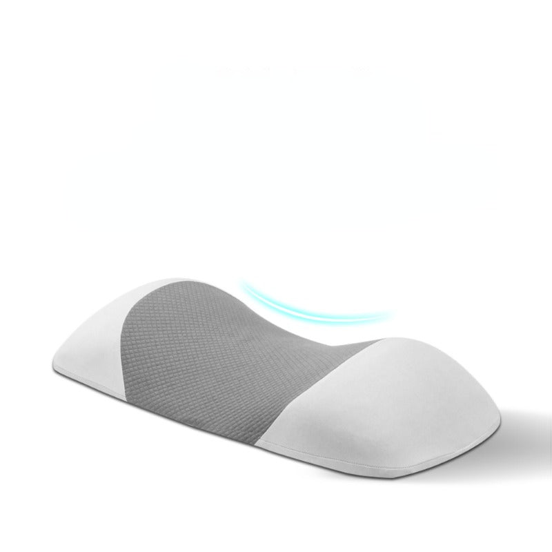 Memory foam lumbar support sleep pillow in front view, contoured for lower back comfort with a breathable removable cover.