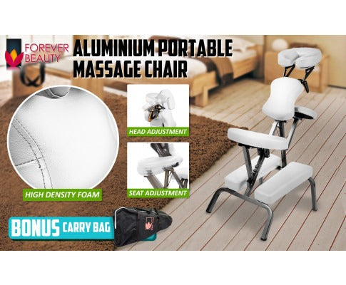 Aluminium portable massage chair with features highlighted on a wooden floor.