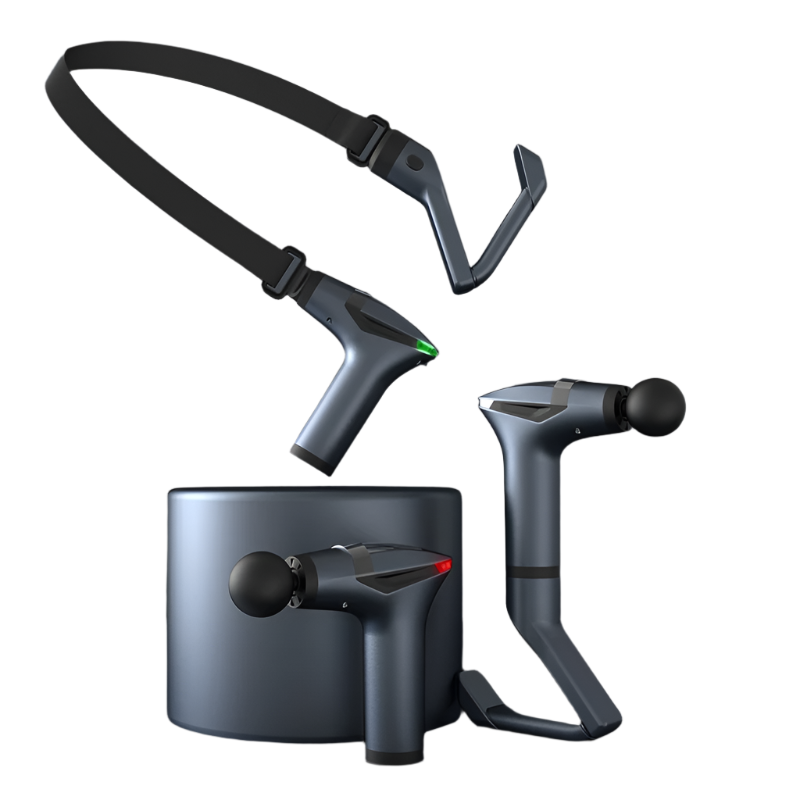 Long handle fascia massage gun in dark gray shown front-on, compact 12-speed design with digital display for targeted muscle relief.