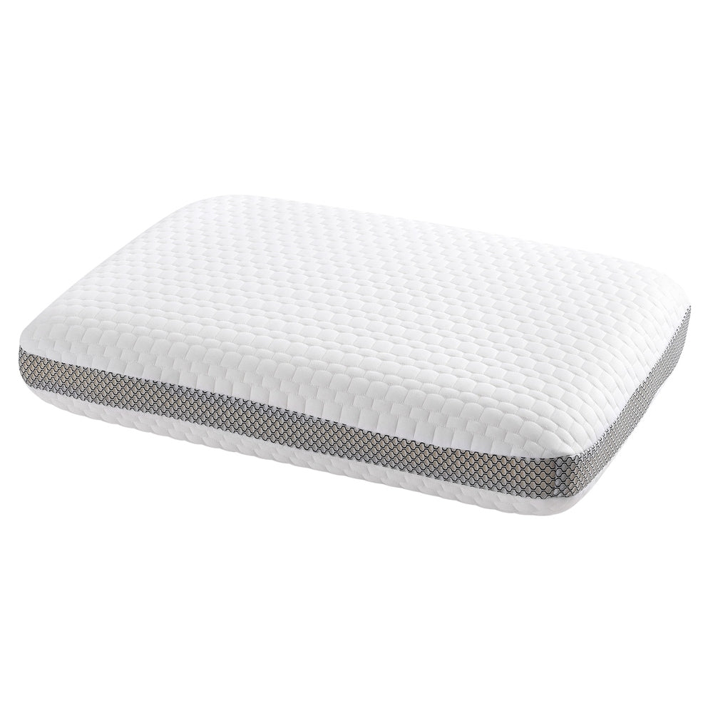 White memory foam support pillow, front view with breathable mesh gusset panel to help support neck and shoulder comfort.