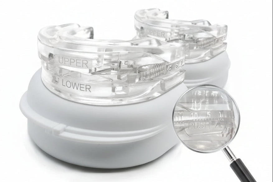 Transparent EVA–PCTG boil-and-bite mouth guard in hero view, showing upper-arch tray designed to help reduce grinding during sleep.