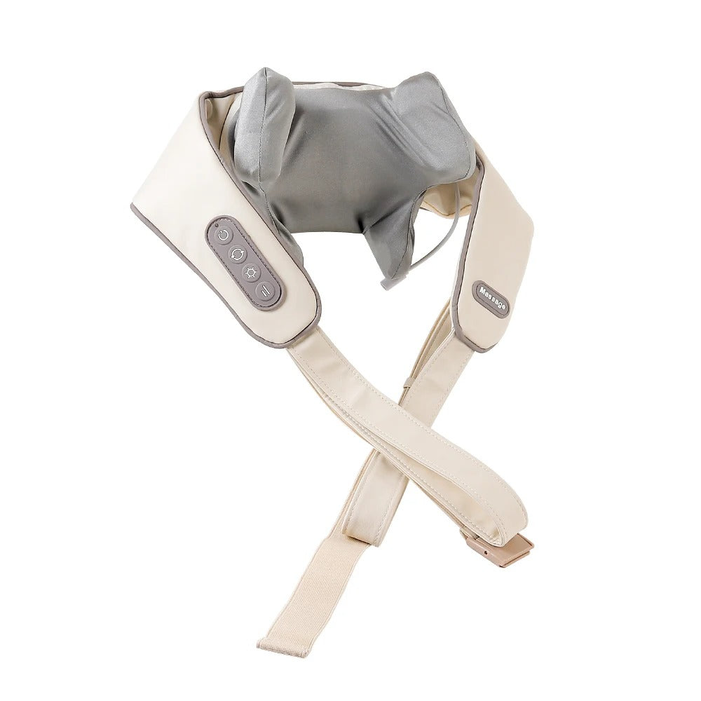 SootheTrapezius neck and back massager in front view showing six-claw layout and wide warm compress area, with strap and buckle for hands-free use.