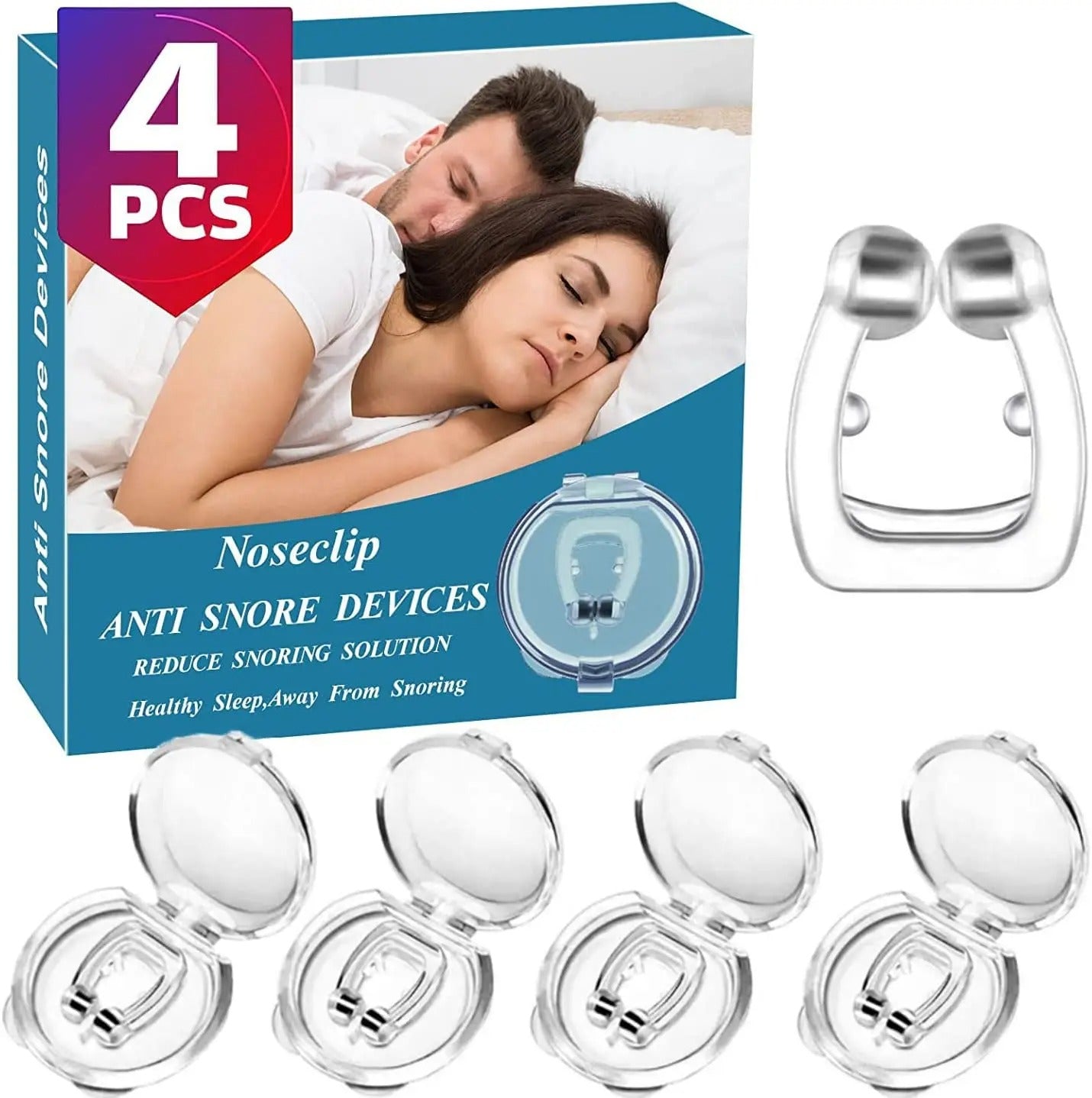 Transparent magnetic silicone nose clip in hero view showing conical comfort tips and bridge magnet designed to help support nasal airflow during sleep.
