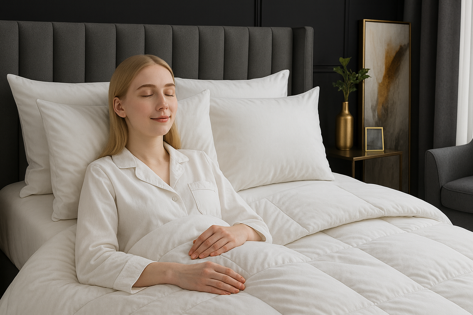 Woman in white pajamas lying on a bed with white bedding and pillows.