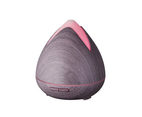 Cool mist ultrasonic aroma diffuser with 400ml tank, hero front view with LED mood lights and three essential oils.