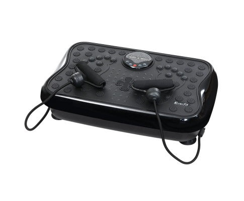 Relisora black vibration machine platform front view with digital controls and bands to support whole body exercise.