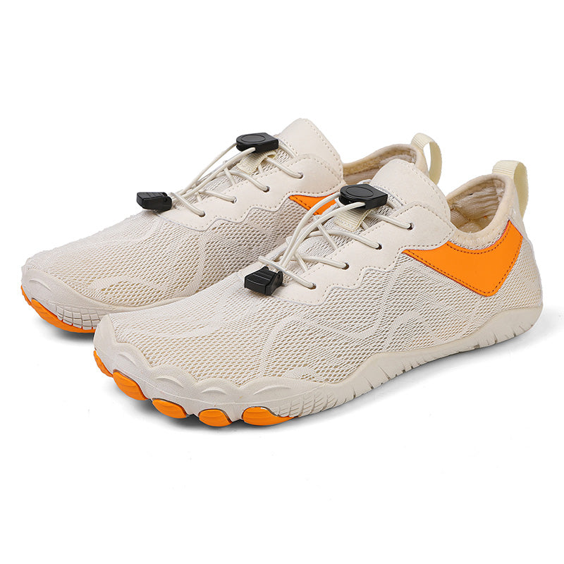 Unisex barefoot quick drying aqua water shoes shown from a front angle with breathable air mesh upper and non slip rubber sole for secure footing.