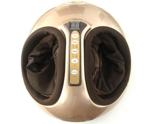 Rose gold foot massager with digital display on a white background