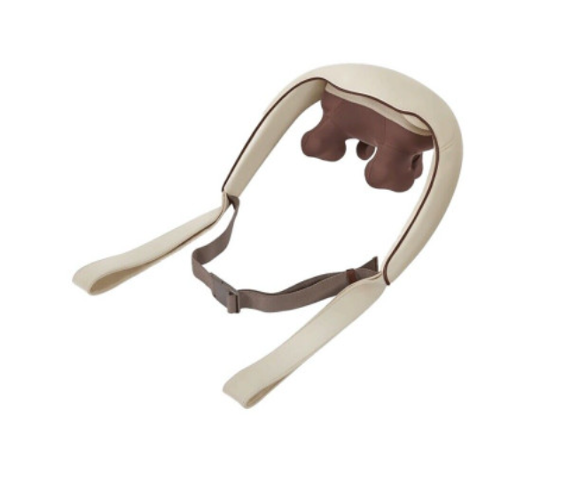 Neck and shoulder massager with beige cover and brown interior on a white background