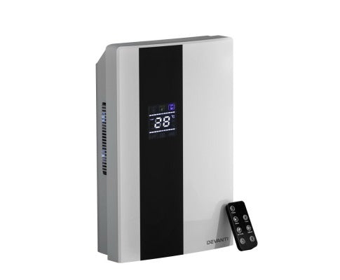 Dehumidifier with digital display and remote control on a white background