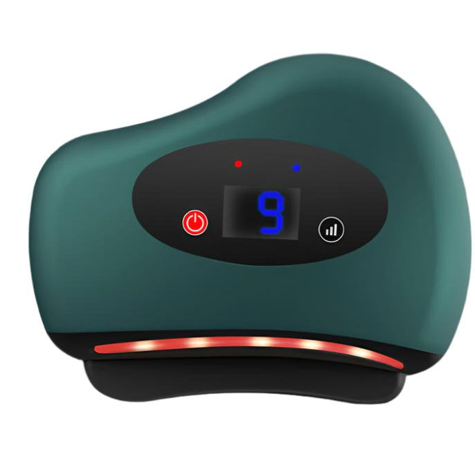 Electric gua sha massager shown from front angle with heated plate and three sculpted edges for gentle face and neck care.