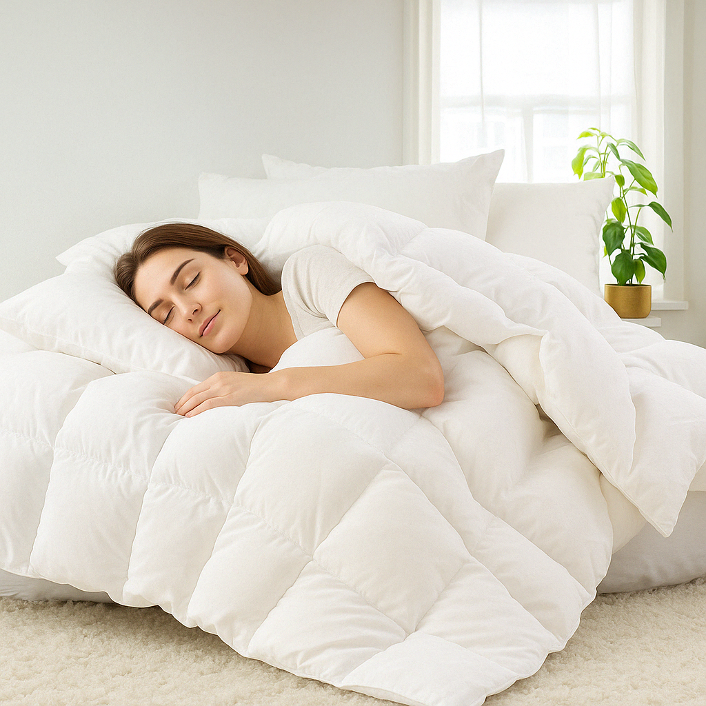 Woman sleeping under a white comforter in a bright bedroom