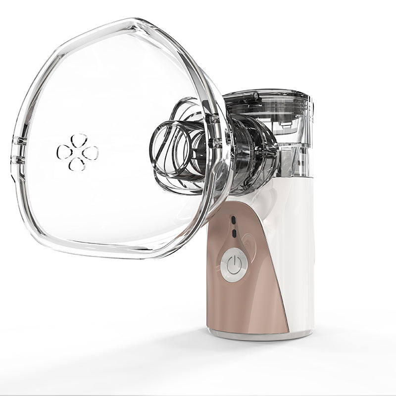 Portable handheld nebuliser inhaler front view with adult and child masks to support comfortable breathing at home or travel.