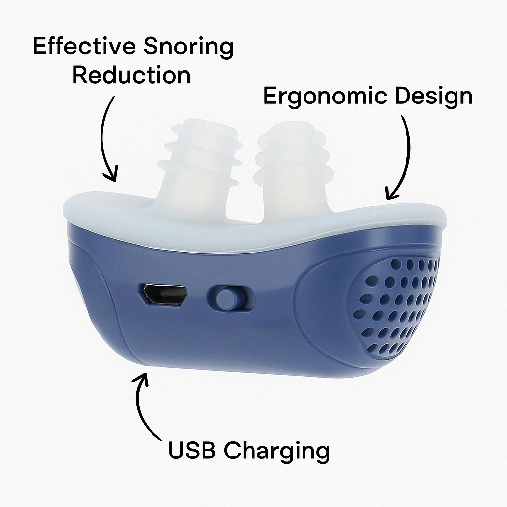 Blue and white device with text indicating effective snoring reduction, ergonomic design, and USB charging on a white background.