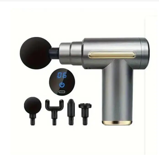 Massage gun with attachments on a white background