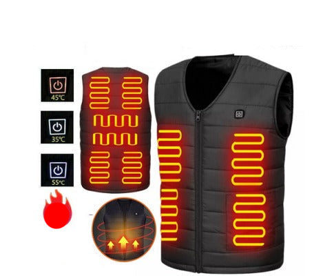 Heating vest with heating elements and temperature indicators, featuring Post Aramex branding.