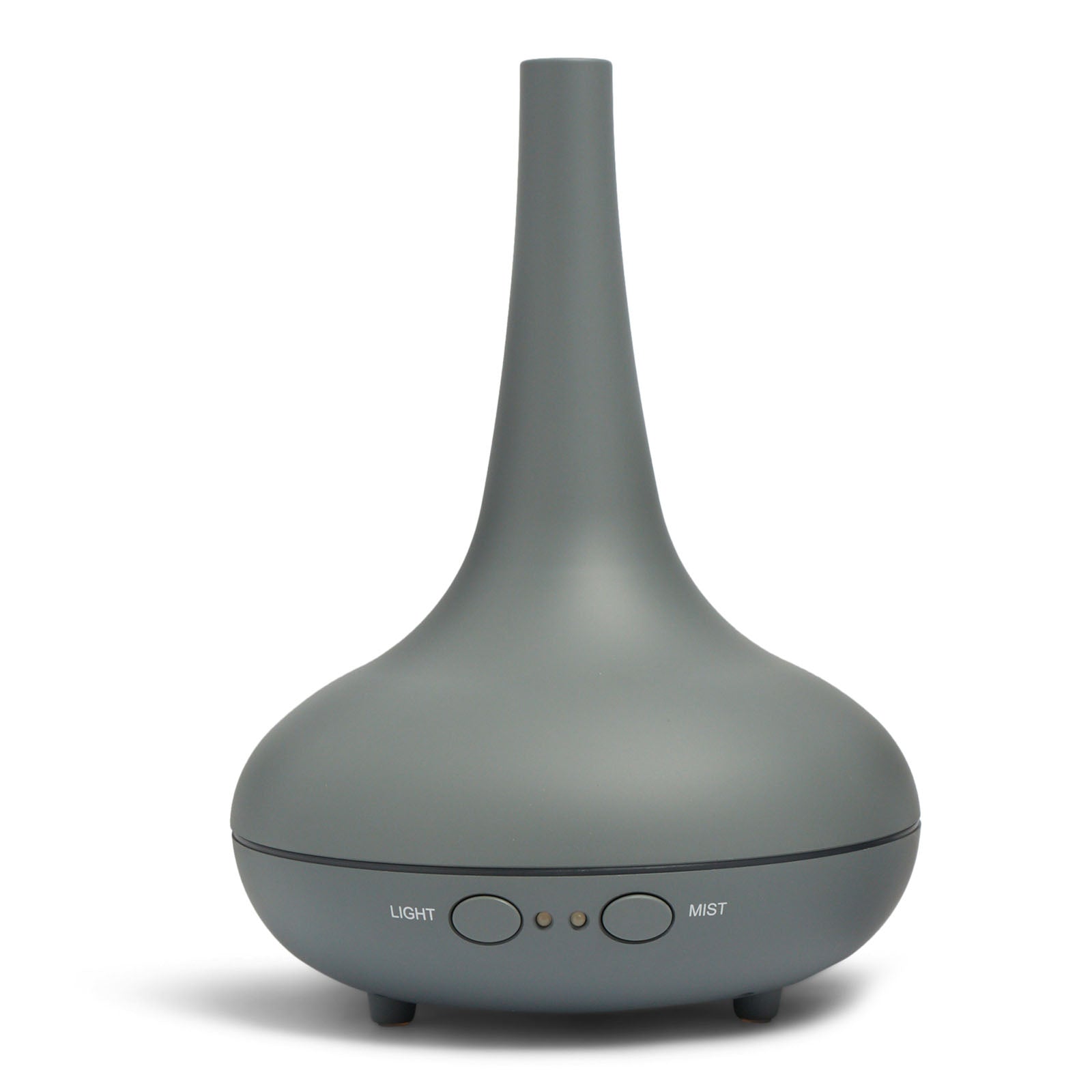 Gray essential oil diffuser with light and mist buttons on a white background