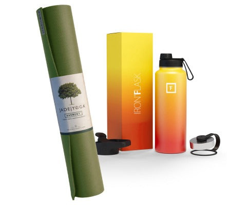 Yoga mat, box, and gradient water bottle on a white background