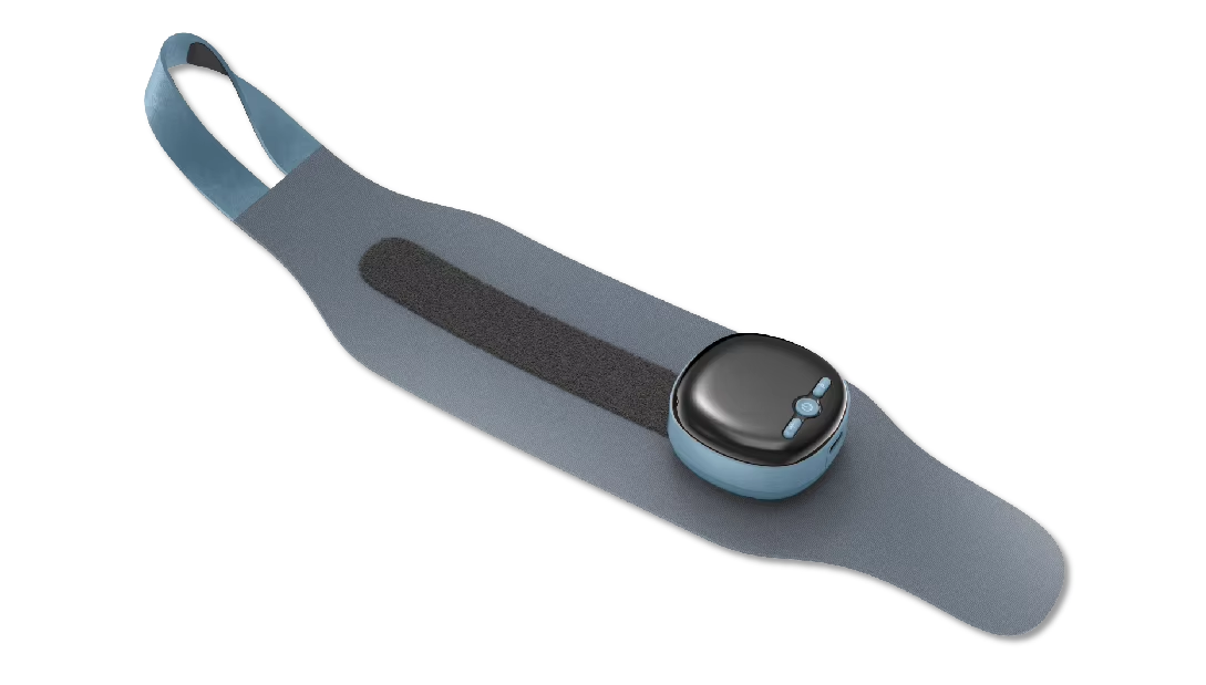 EMS heating wrist brace in a front hero view showing adjustable strap, soft fabric, and control panel for heat and vibration settings.