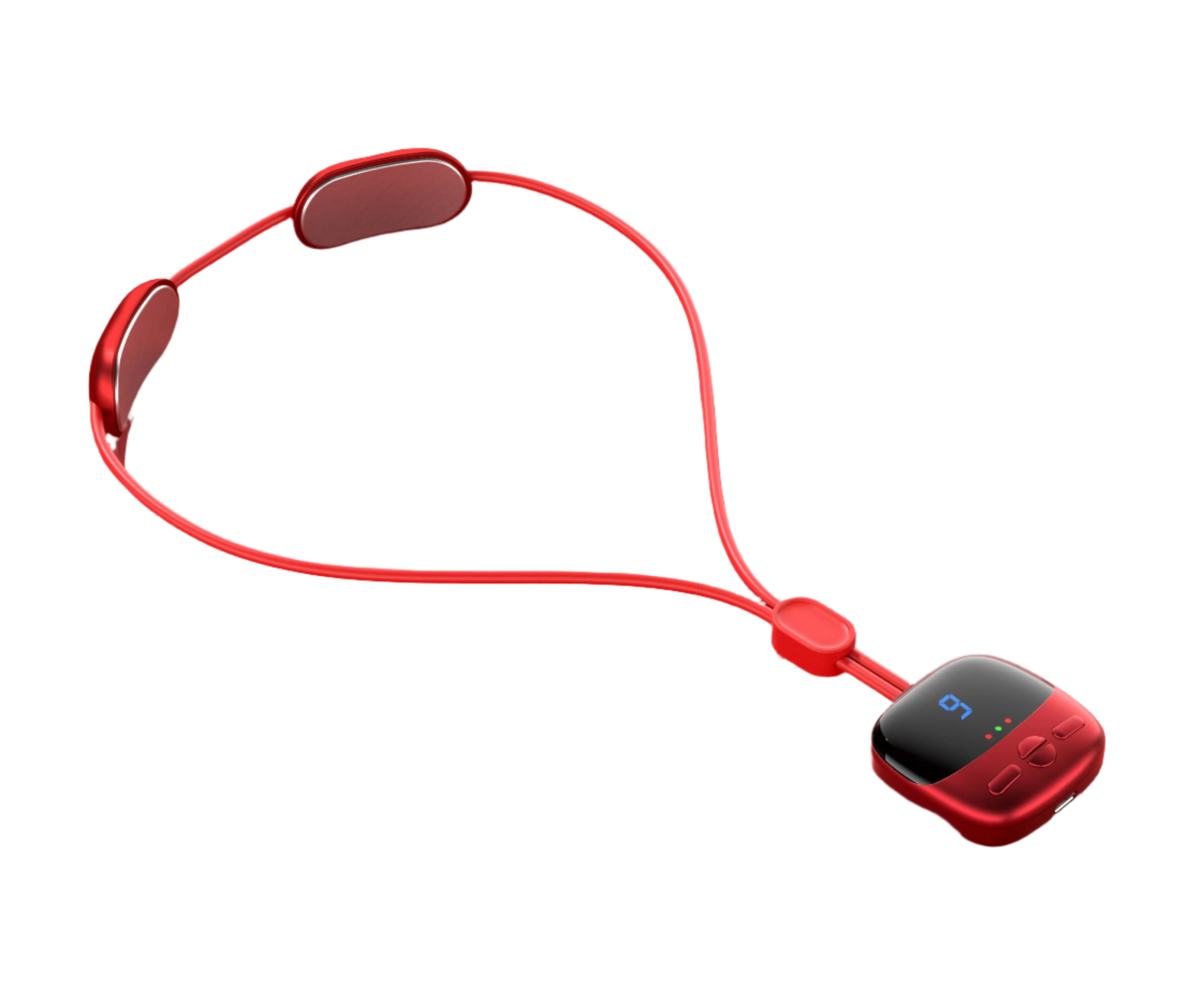 Smart hanging neck cervical spine massager in front view, showing ergonomic pendant design, soft silicone strap and LED controls with heat function.